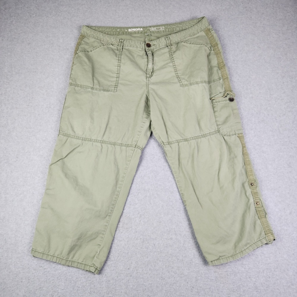 Sonoma‎ Capri Pants Women 16 Olive Green Cargo Utility Stretch Cropped Studded